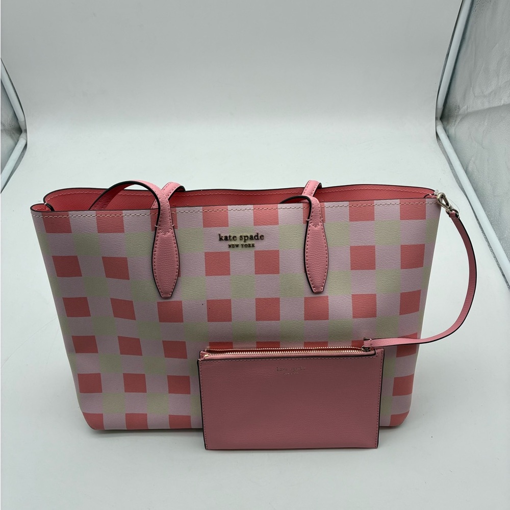 Kate Spade Pink and Cream Checkered Tote with Pouch
